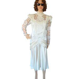 Vintage 80s Ivory Lace Satin 20s Flapper Revival Drop Waist Wedding Dress Size 8